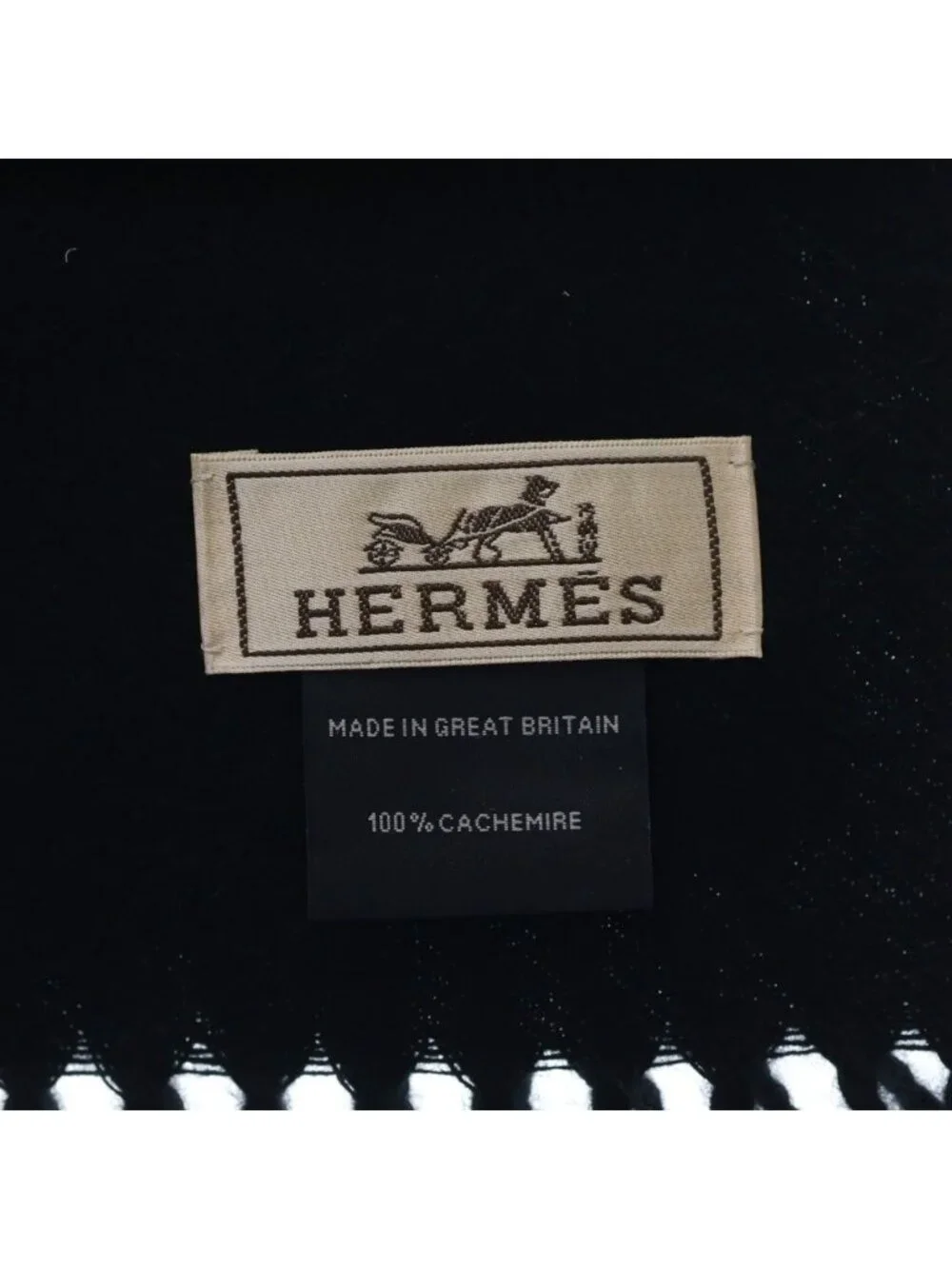 Hermes Logo Embroidery Cashmere Fringe Scarf Black